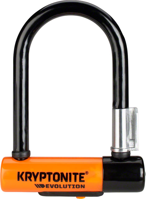 Kryptonite Evolution bike lock with black shackle on an orange body